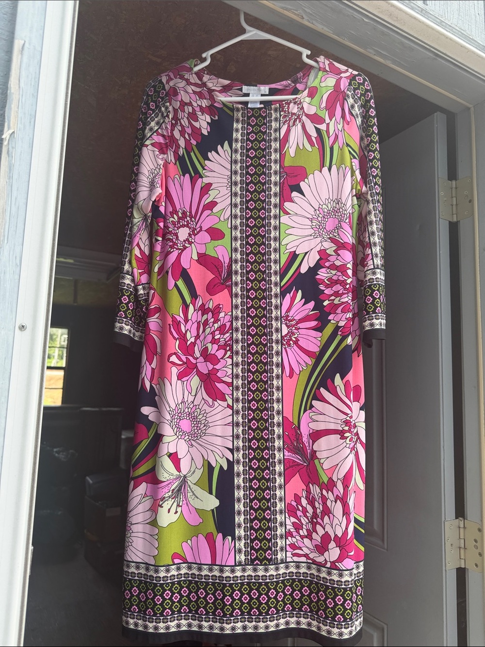 London Times Pink Floral Midi Dress with Green Accents